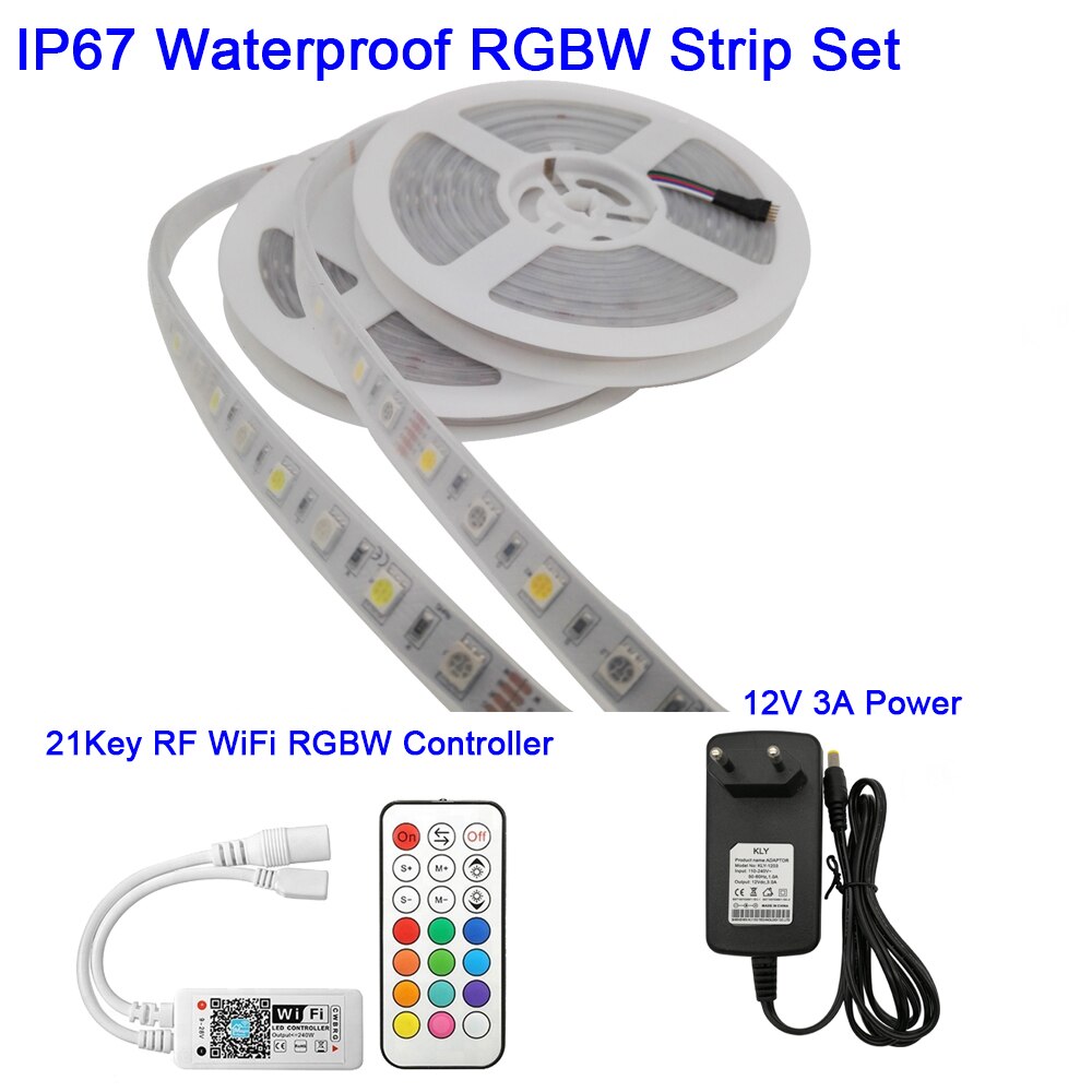 12V 5050 Rgbw Rgbww Led Strip 60Leds/M 5M Met Mini 21Key Rf Wifi Afstandsbediening alexa Google Voice Control + Voeding: White PCB IP67Set / RGB Warm White