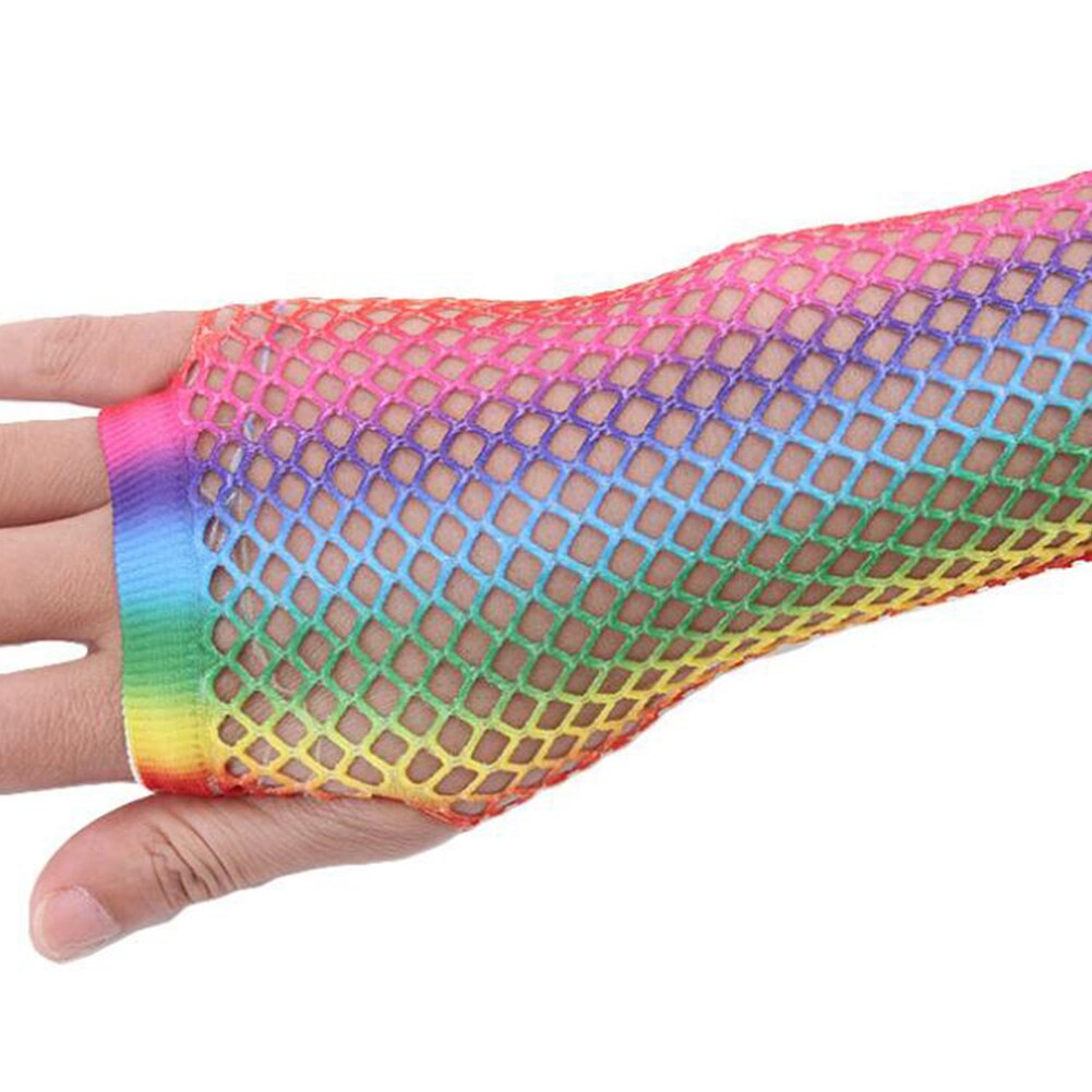 Neue Damen sexy Regenbogen Farbe Gittergewebe Netz Fischnetz Handschuhe Aushöhlen Löcher Finger Handschuhe Dame Disko tanzen Kostüm Halbe Handschuhe
