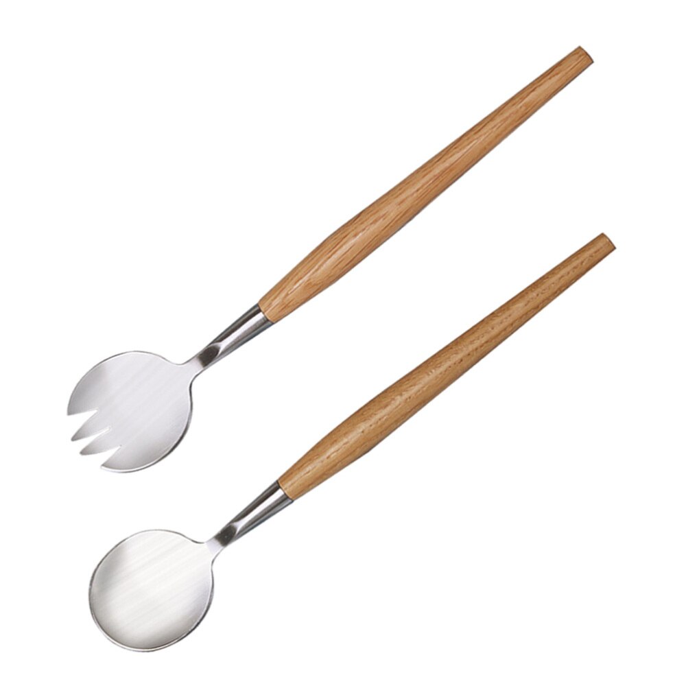 2 st och gaffelsats rostfritt stål trähandtag salladservrar bestick fruktbesticksservis: Default Title