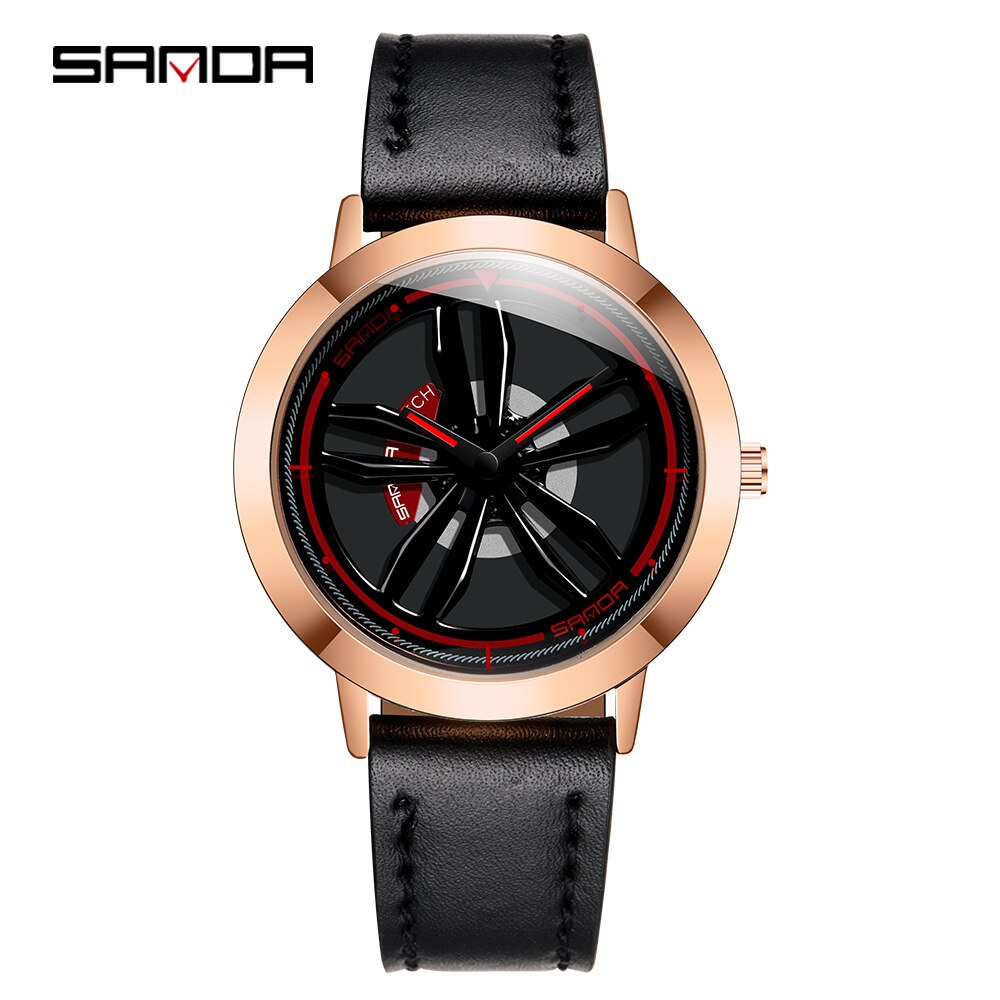 Rotating Wheel Dial Men Watches Car Rim Sports Quartz Watches Waterproof Leather Band Watches Relogio Masculino: With scale rose gold