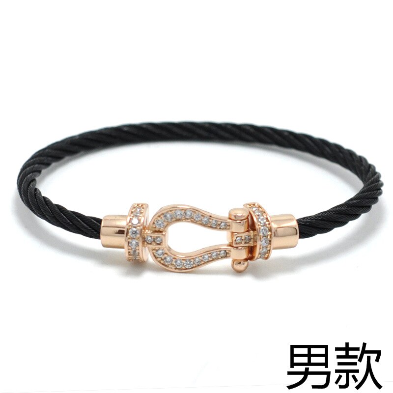 Titanium Steel Wire Rope Magnetic Buckle-encrusted Zircon Bracelet: Black Rose Gold Men