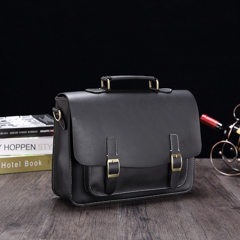 Porte-documents pour hommes Crazy Horse en cuir PU Vintage étudiant sacoche école bureau fourre-tout sac à main épaule affaires épaule sac pour femmes: Black
