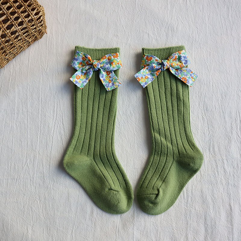 Mignon nœud papillon bébé chaussettes fleur imprimé coton -né fille chaussettes rayé automne hiver infantile enfant en bas âge chaussettes de sol: green