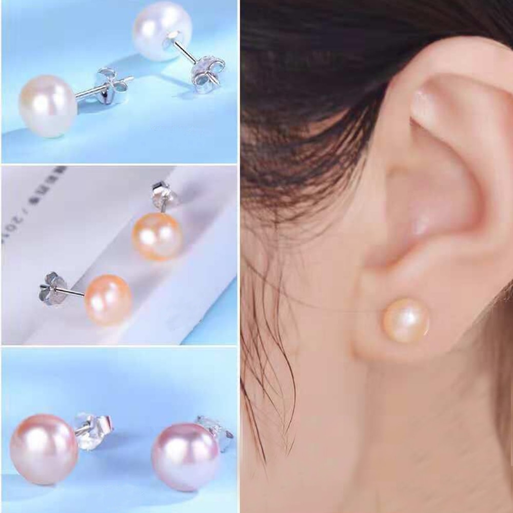 Pendientes de plata de ley 925 con perla de melocotón para mujer y niña, aretes de perla de agua dulce Natural auténtica, blanca y púrpura, joyería