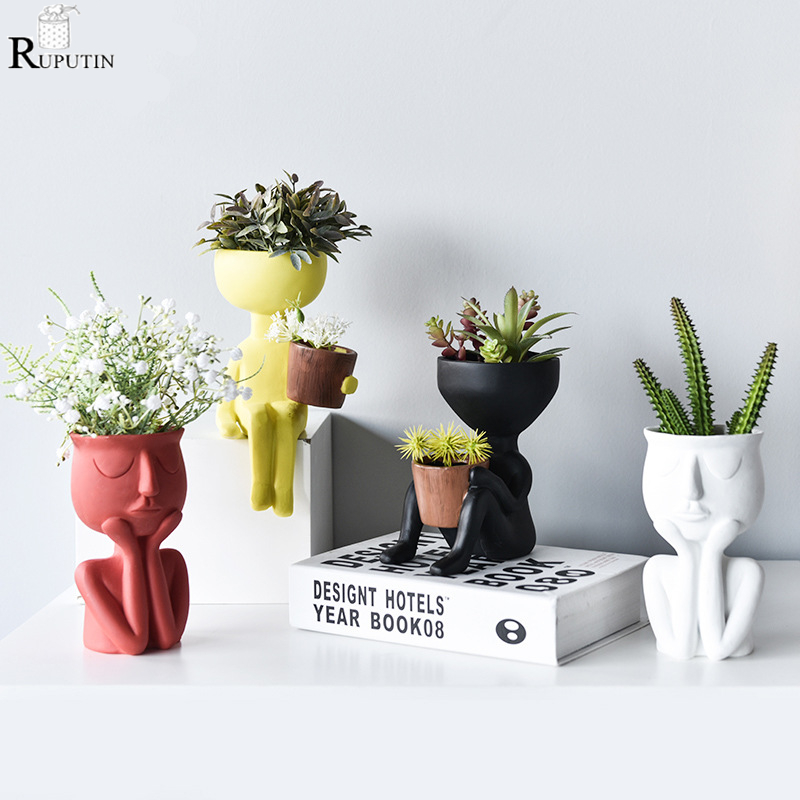 Humanoid keramik urtepotte karakter siddende stilling skulptur vase desktop blomsterarrangement container sukkulenter plantepotte