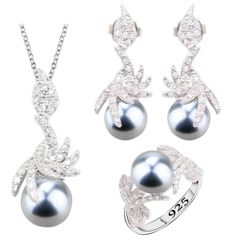 Zwarte Parel Zilveren Kleur Sieraden Sets Voor Vrouwen Oorbellen Ketting Hanger Ring: 8 / Silver Plated