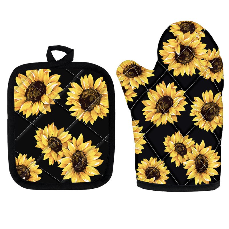 Golden Sunflowers Oven Mitts and Pot Holders Insulated Gloves for Cooking BBQ Baking Grilling Floral Style Kitchen Accessories