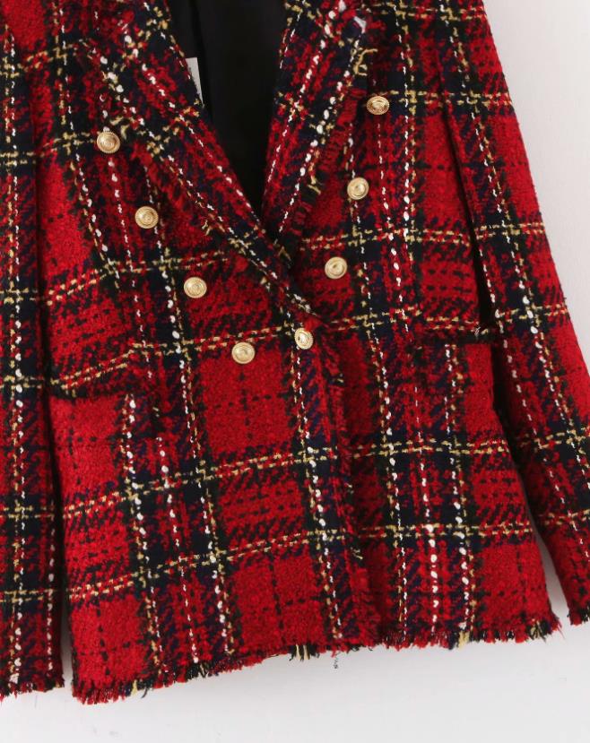 dame tweed rutete skjørt kommode dobbel brystet hakk krage kontor dame tweed blazere + en linje mini skjørt sett kvinne