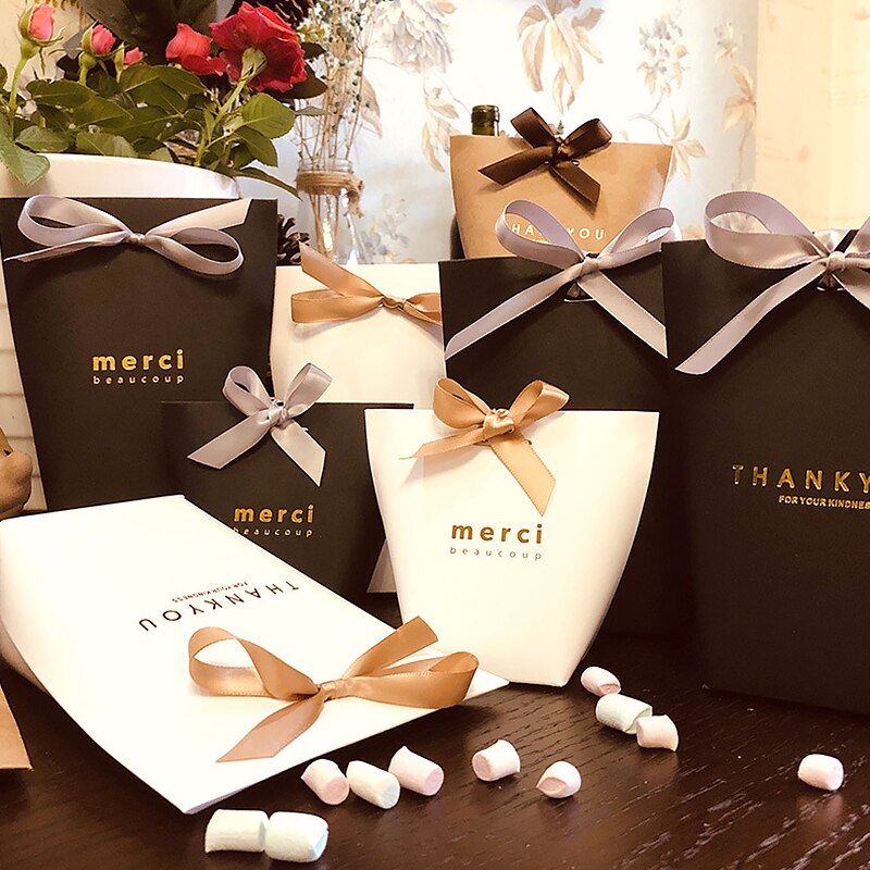 Black White Bronzing "Merci Candy Box Exquisite French Thank You Packaging Candy Kraft Paper Bag Wedding Dragee Box
