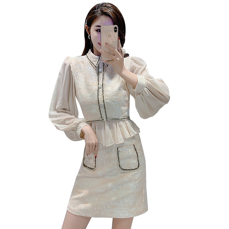 Bornladies Elegante Vintage Chiffon Panel Lantaarn Mouw Jurk Outfit Tweedelige Set