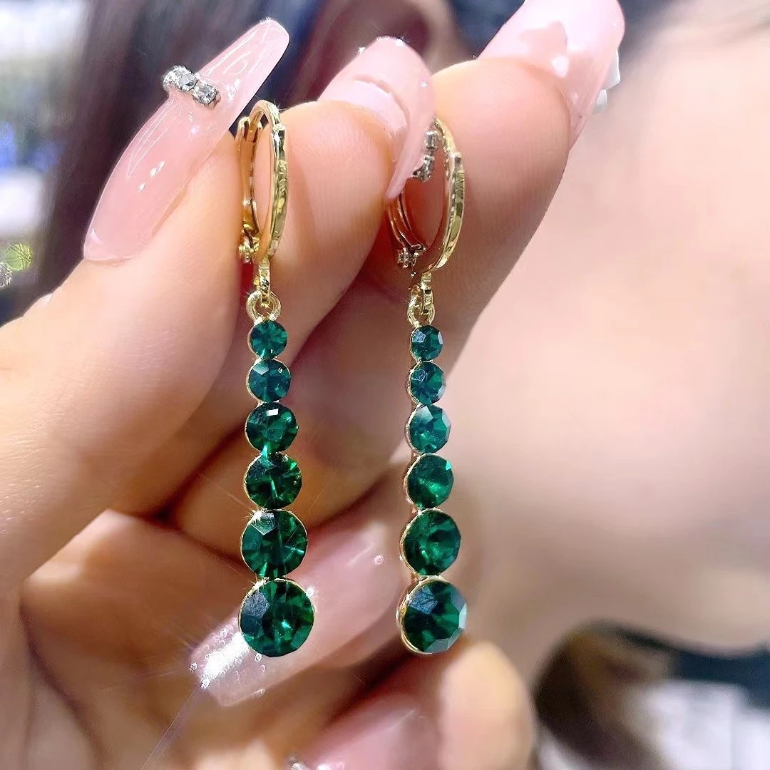 Koreaanse groene kristallen oorbellen voor dames, trendy strass oorbellen met geometrische kwastjes, hangende oorbellen, feestsieraden voor meisjes