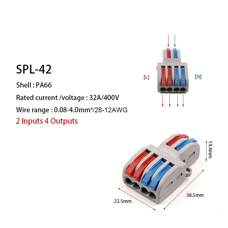 1 stk/parti ledningskonnektor 2 in 4/6 udgangsledningssplitterterminal spl -42/62 kompakt ledningskabelkonnektor push-in leder gør det selv: Spl -42