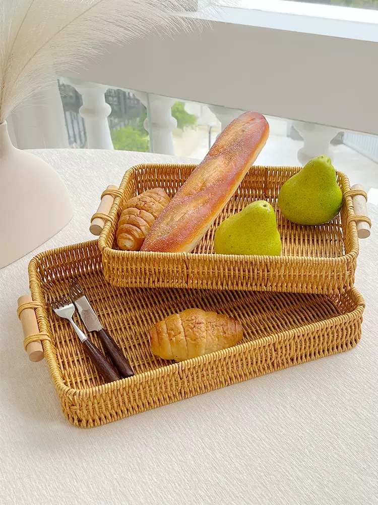 Håndlavet flettet rattan opbevaringsbakke firkantet fletkurv træhåndtag brød madbakke frugtkagefad