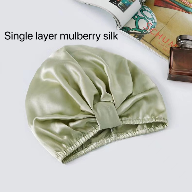 100% puro seda amoreira elástica noite boné amoreira seda envoltório de cabelo dormir gorro para mulher 19 momme sleeping cap único/duplo: Green 01