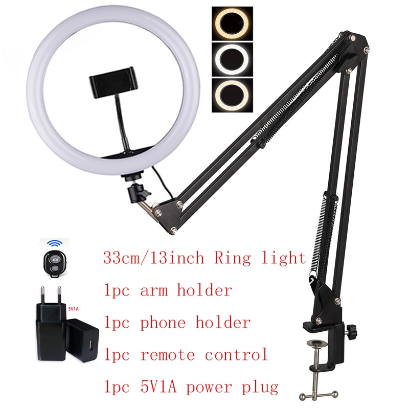 Luz de anel de 16cm com suporte de mesa, luz amarela e branca em 3 cores com 1 peça controle remoto, suporte de telefone 1 peça