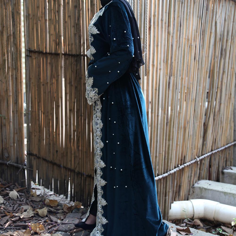 dernière Abaya dentelle en vrac couture perlé or velours Cardigan dubaï Robe islamique turquie moyen-orient