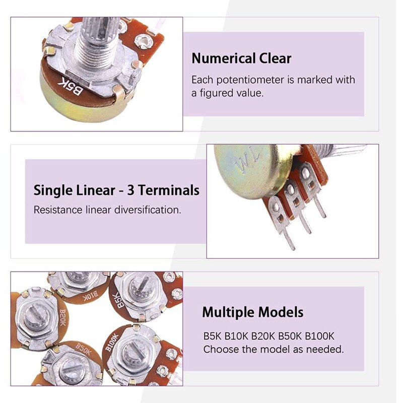 60 stück  b5k 10k 20k 50k 100k ohm lineares drehpotentiometer mit gerändelter achse, (wh148)  , unterlegscheiben und muttern (set)