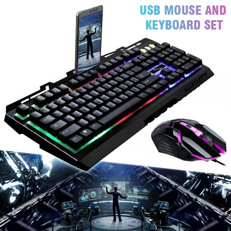 Gaming Keyboard RGB Backlit Keyboard With Silent Gaming Mouse Set USB Wired Rainbow Gaming Keyboard Mouse Set Compatible for PC