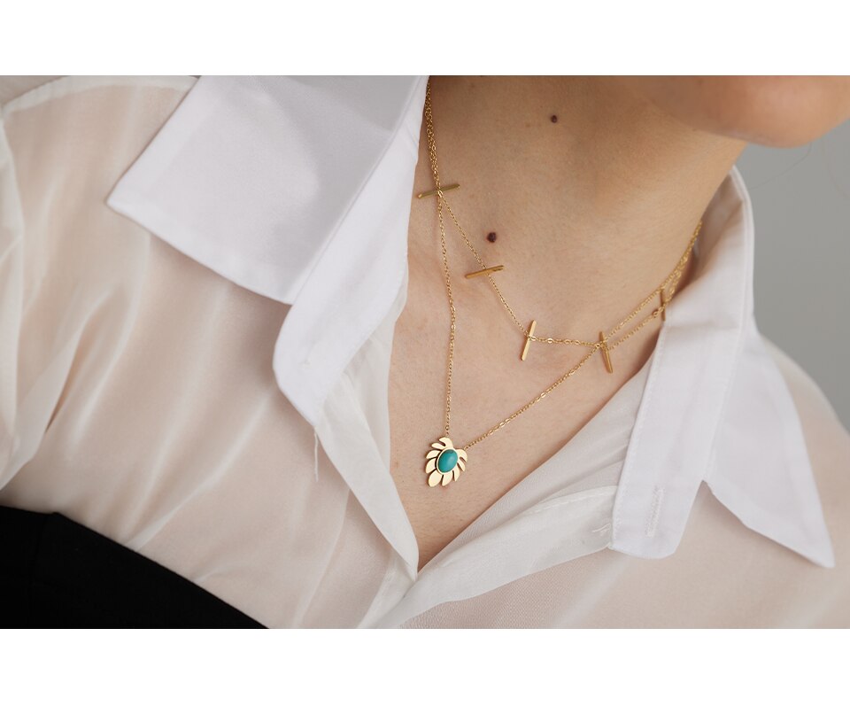 Yhpup Rvs Laat Stone Hanger Ketting Armband Set Stijlvolle Gouden Ketting Dubbele Gelaagde Sieraden Set Bijoux Femme