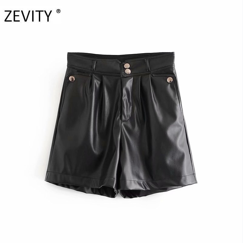 ¡Novedad! Pantalones cortos Zevity de piel sintética con botones a la para mujer, pantalones cortos ajustados informales con cremallera chic y bolsillos para mujer, pantalones cortos P923