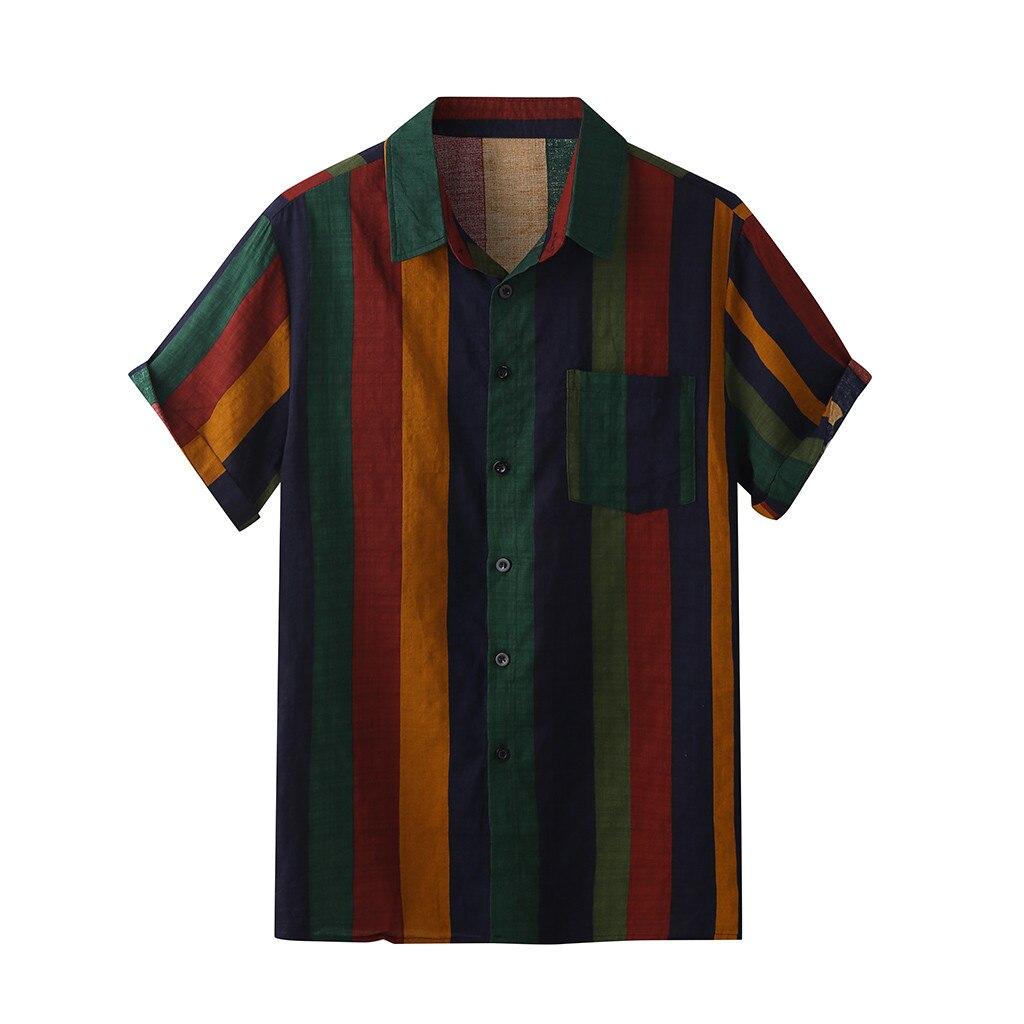 Camisa informal de verano para hombre, camisa holgada de manga corta con estampado a rayas y botones, camisa hawaiana de playa entallada,: XL