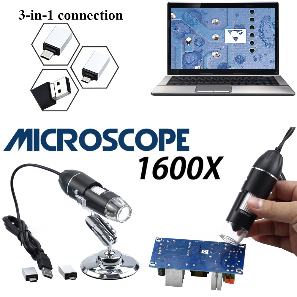 Professionele Usb Hd Digitale Microscoop 1600X 1000X 500X 8 Led Elektronische Microscoop Endoscoop Zoom Camera Vergrootglas + Houder
