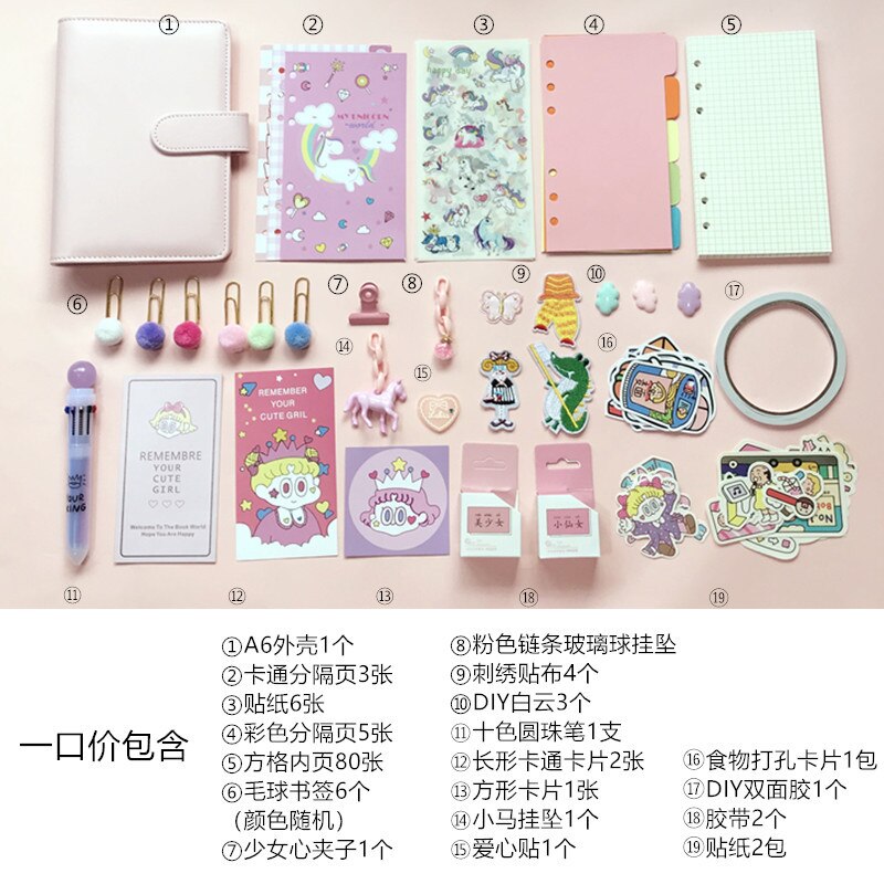 A6 Bitterkoekje Super Set Meisje Hart Notebook Losbladige Diy Notepad Handbook Dagboek Pu Lederen Cover Dagboek Agenda Planner papier: Set 1 pink