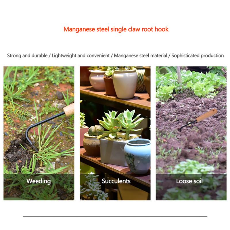 Garden Weeding Hook Compound Steel Sickle Manual Weeder with Wooden Handle Outdoor Digging Cultivator Single-claw Hook