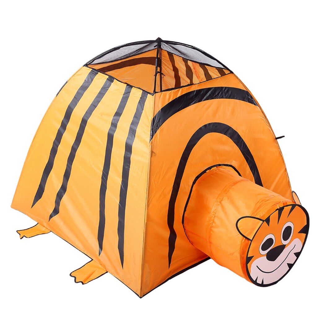2-in-1 Kids Animal Themed Playhouse with Up Tent & Tunnel for Indoor Outdoor Play - B, Tiger