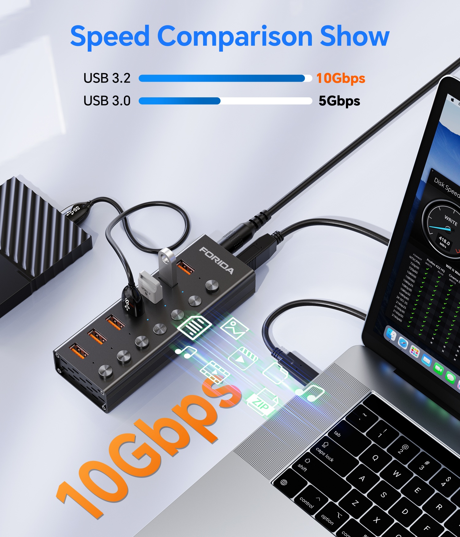 FORIDA 10 puertos USB A 3,2 extensión USB C Hub 10Gbps estaciones de acoplamiento interruptor de encendido/apagado divisor de energía para ordenador portátil Macbook de escritorio
