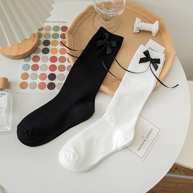 Lolita – chaussettes longues en coton avec nœud papillon pour femme, chaussettes à jambes hautes, blanc, noir, , 2022