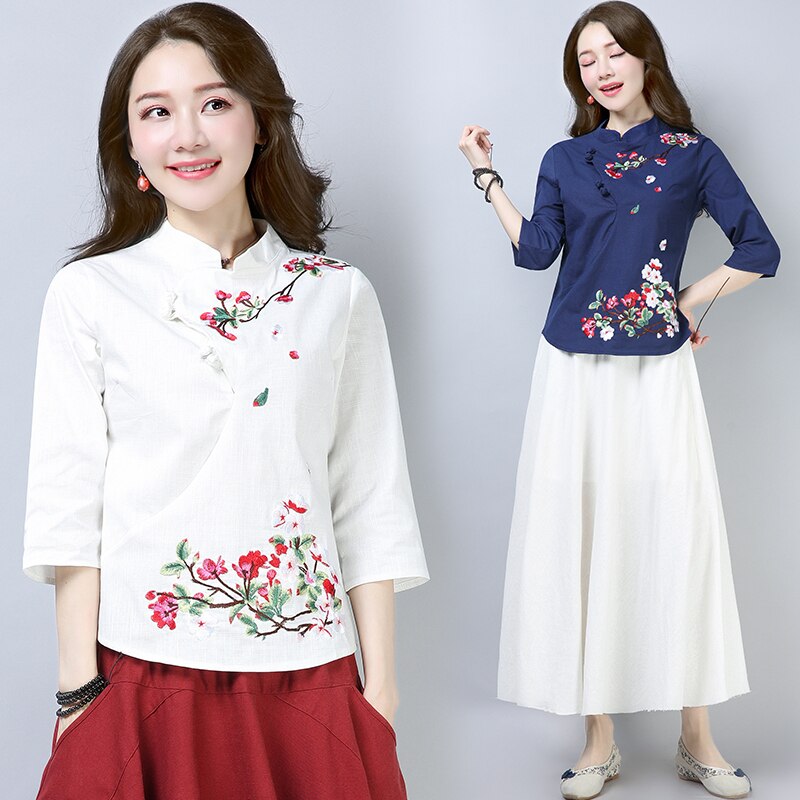 Bomuld og hør toppe kvinder tradition toppe til kvinder tøj broderi kinesisk stil top stand krave cheongsam toppe tøj