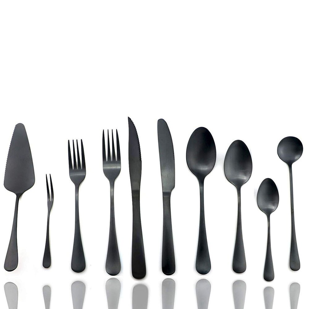Royal 10 stk mat sort bestik bestik sæt rustfrit stål spisestel skarp bøf kniv kage gafler skeer blå service sæt: Sorte 10 stk