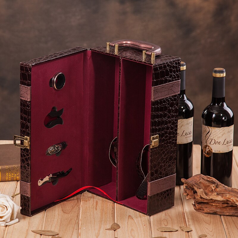 PU Leather High-grade Wine Double Box 750ml 2 Bottles Package Leather Wine Box Solid Top-grade Commercial Packing