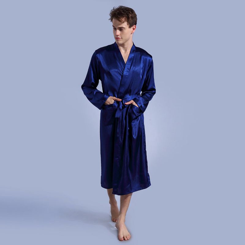 Marineblå badekåpe uformelt natttøy ночное платье pyjamas løs fritid herre nattøy rayon sateng kappe kjole fast kimono