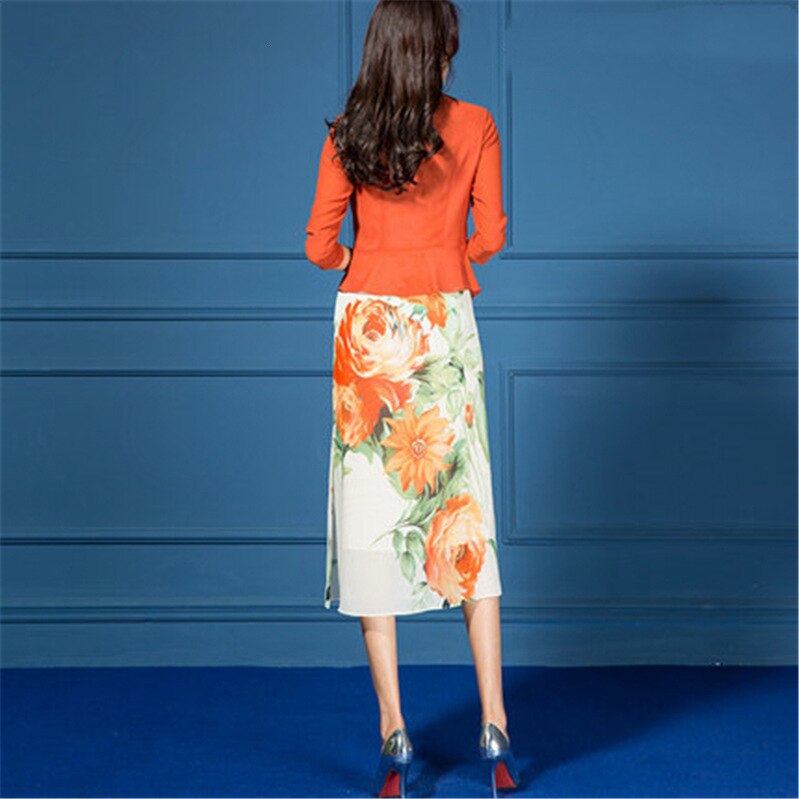 Vår sommer kjole kommode kvinner sett chiffong trykt blyant kne lengde ermeløs kjole todelt kontor klær