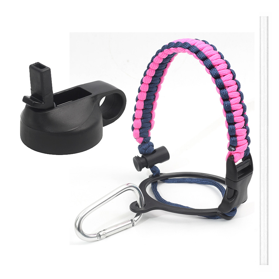 Hydro Flask Thermos Wide Mouth Bottle Safety Ring and Carabiner Paracord Handle with Insulated Wide Mouth Cap + Water Cup Strap: Pink