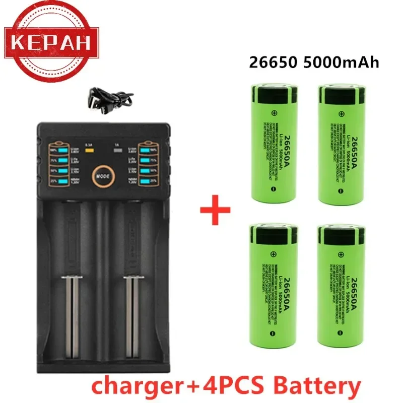 Oryginalny wysokiej jakości akumulator 26650 5000 mAh 3,7 V 50A akumulator litowo-jonowy do latarki LED 26650A + ładowarka: Czerwony