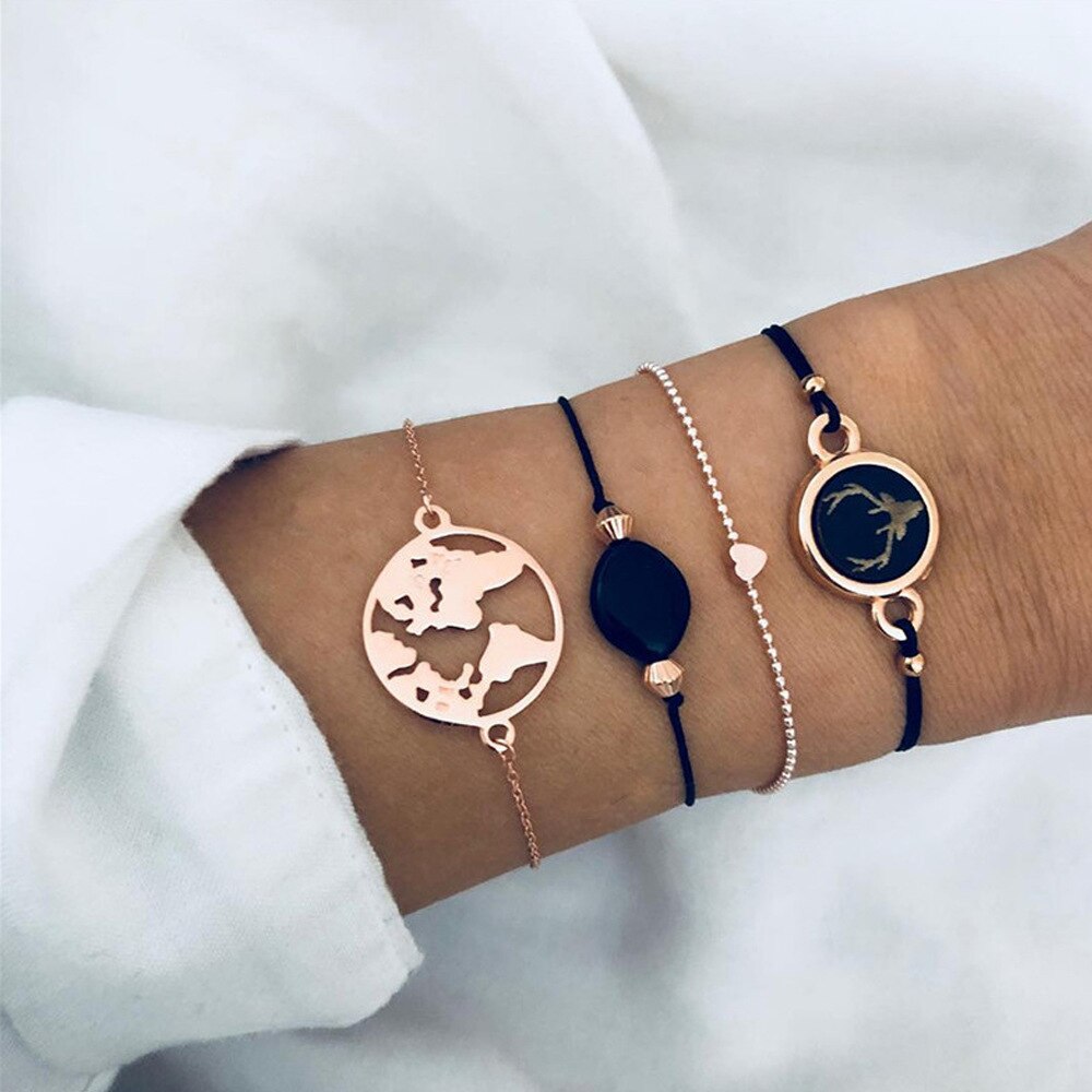 Conjunto de 4 pulseras esmaltadas con cabeza de ciervo para mujer, set de PULSERAS CON ABALORIOS de cabeza de ciervo, cadena de cadena con mapa de piedra negra, de joyería: 36