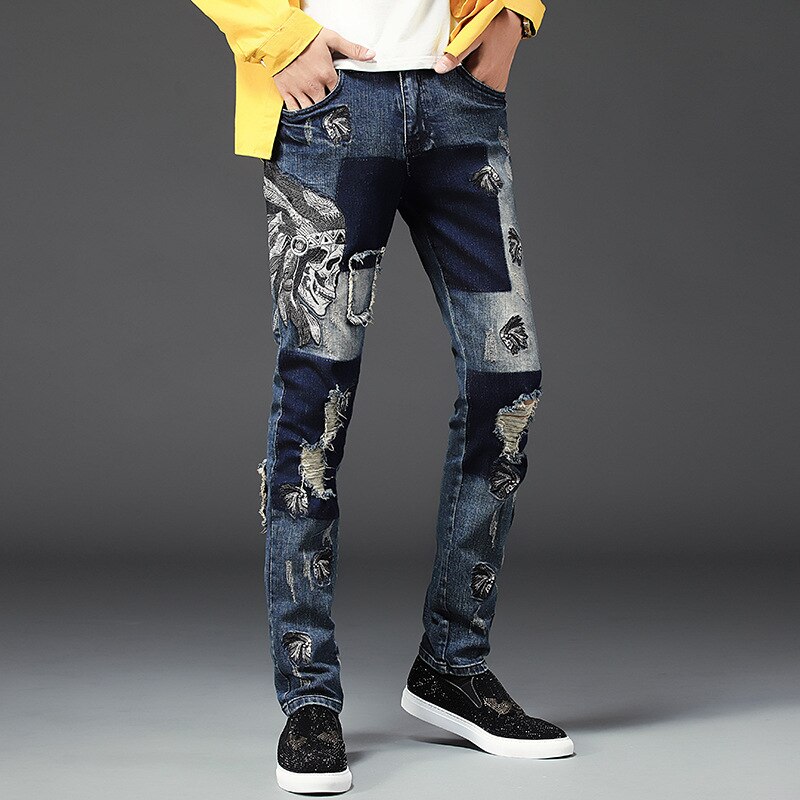 AUTUMN Winter Men's Patchwork Ripped Embroidered Stretch Jeans Trendy Holes Straight Denim Trouers