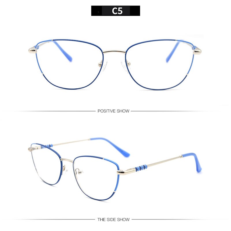 LUCIDIE Female Clear Lens Glasses Frame Women Metal Cat Eye Eyeglasses Oversized Frame Myopia Eyeglasses: C5