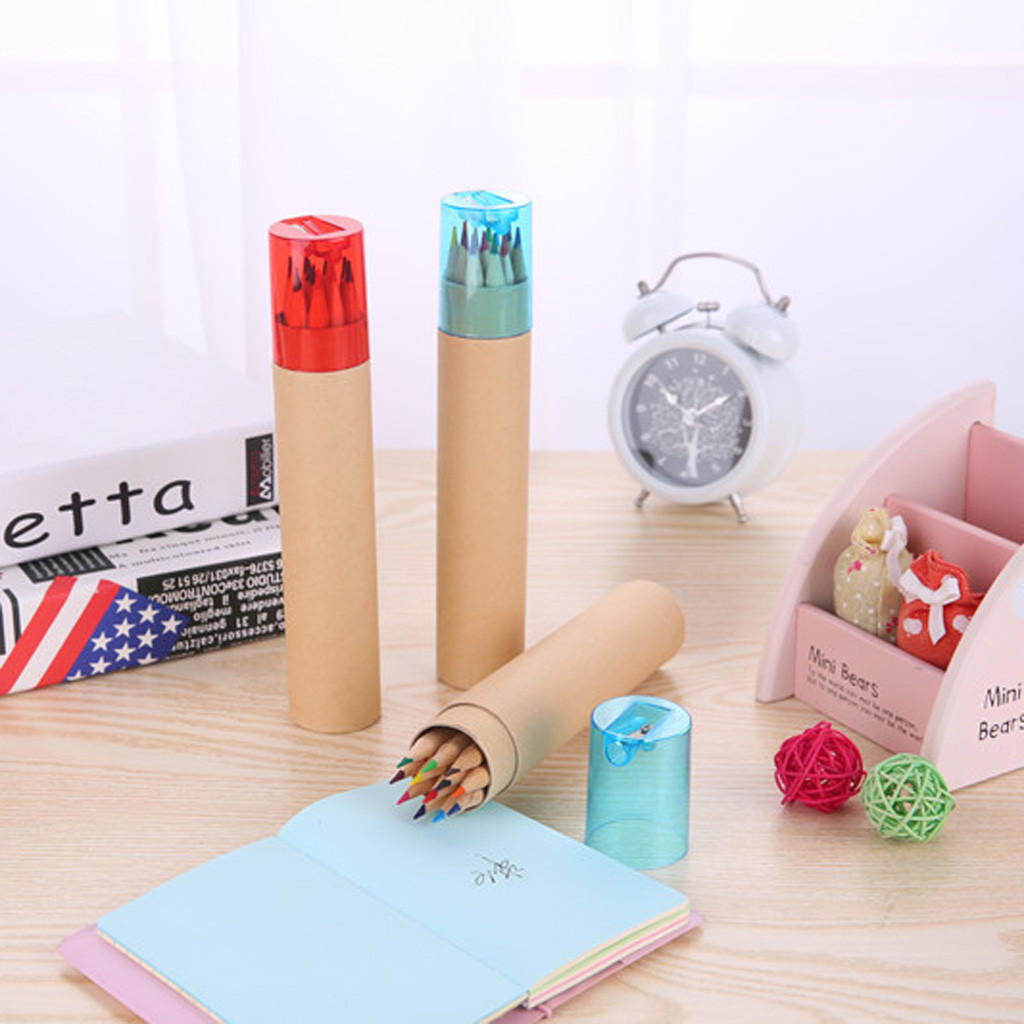 12 Color Barreled Small Pencil Fine Frawing Sketch Writing Drawing Pencil Case Mini Stationery #y3