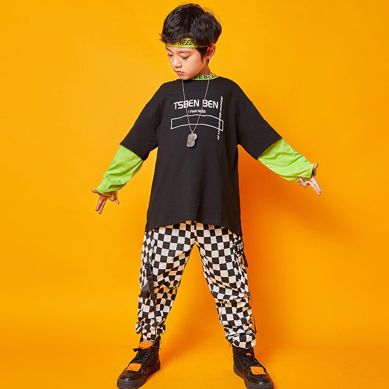 Black Jazz Dance Costumes For Boys Street Dance Performance Clothing Practice Clothes Kids Stitching Hip Hop Rave Outfit DC2957
