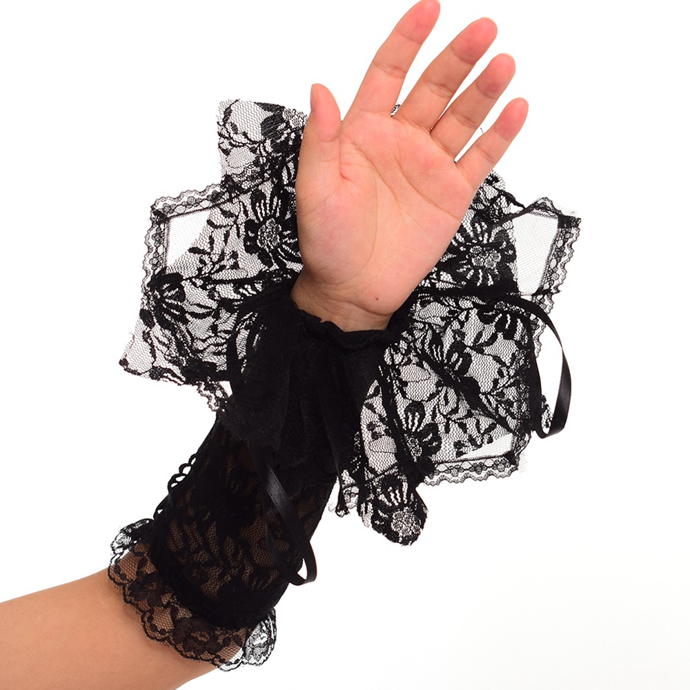Guantes victorianos de manga de volantes para mujer, manoplas de encaje negro, ropa de mano, muñequera