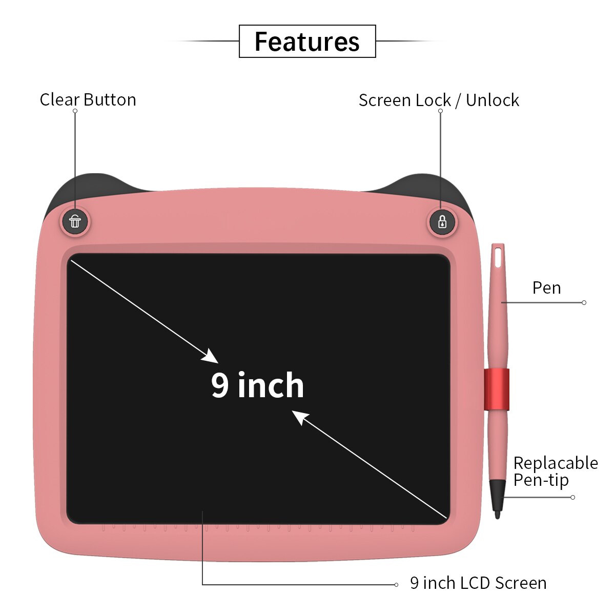 Enotepad LCD Writing Tablet - 9-Inch Digital Drawing Board - Rechargeable Message Board with Stylus Pen