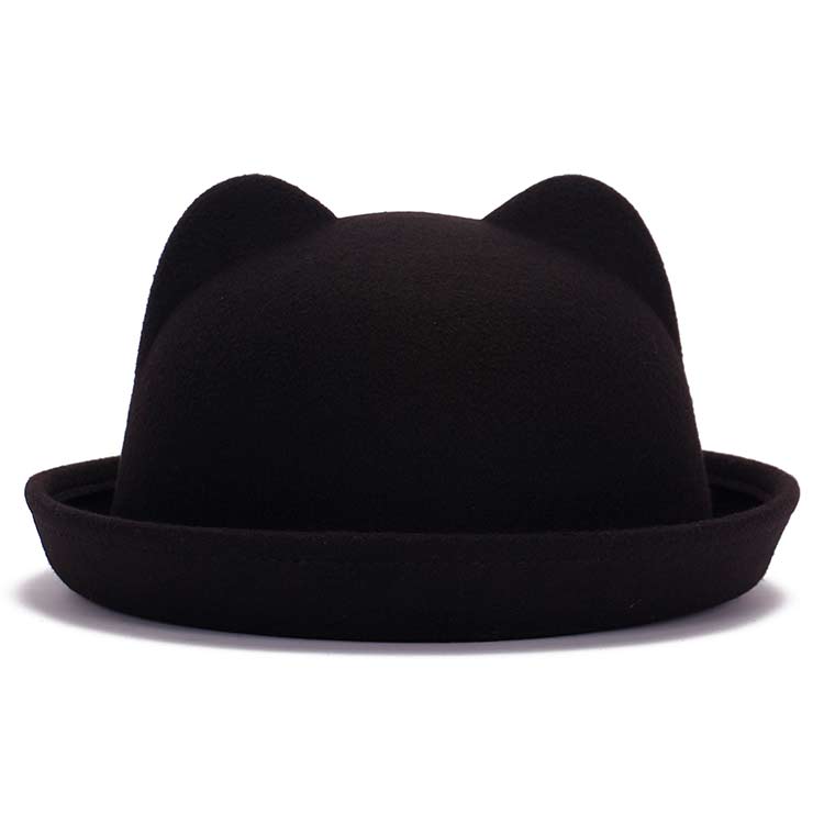 Girls Children Fedoras Hat Spring Bowler Hat Roll Brim Dome Top Hat Devil Horns Cat Ear Felt Wool Sun Hat Good Package 20: Black