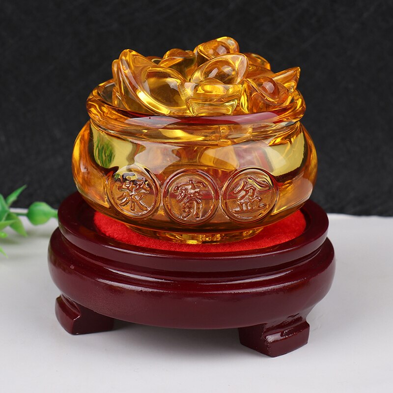 Feng shui kinesisk krystall gull ingots glass gul rikdom skatt skål statue dekorasjon