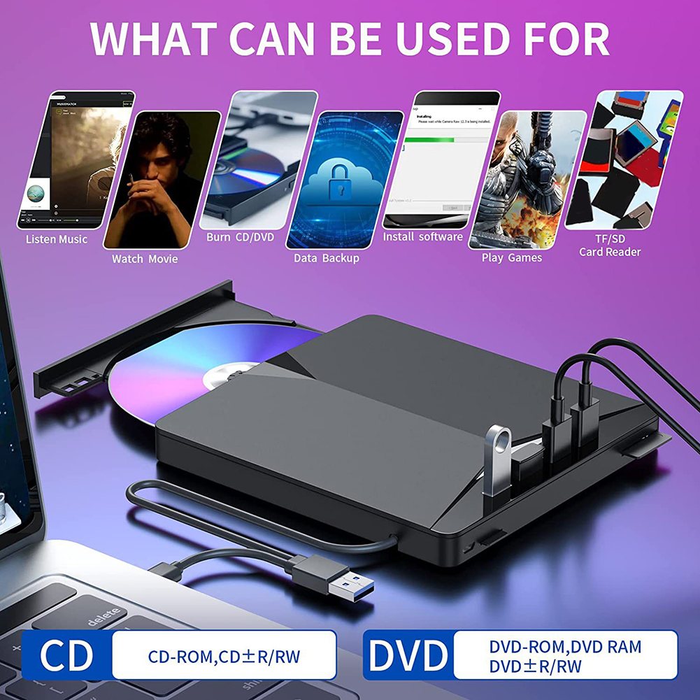 7 em 1 USB 3.0 Tipo C CD externo DVD RW Unidade óptica com porta SD/TF CD/DVD/BD -/+RW Player Burner Writer Reader para laptop PC
