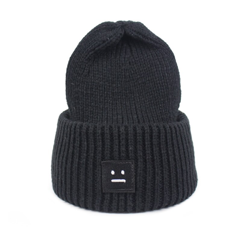 Vinter kvinner strikke lue lue uformell tykk ensfarget varm lue smilende ansiktsmønster strikket hiphop lue mann kvinne: Svart