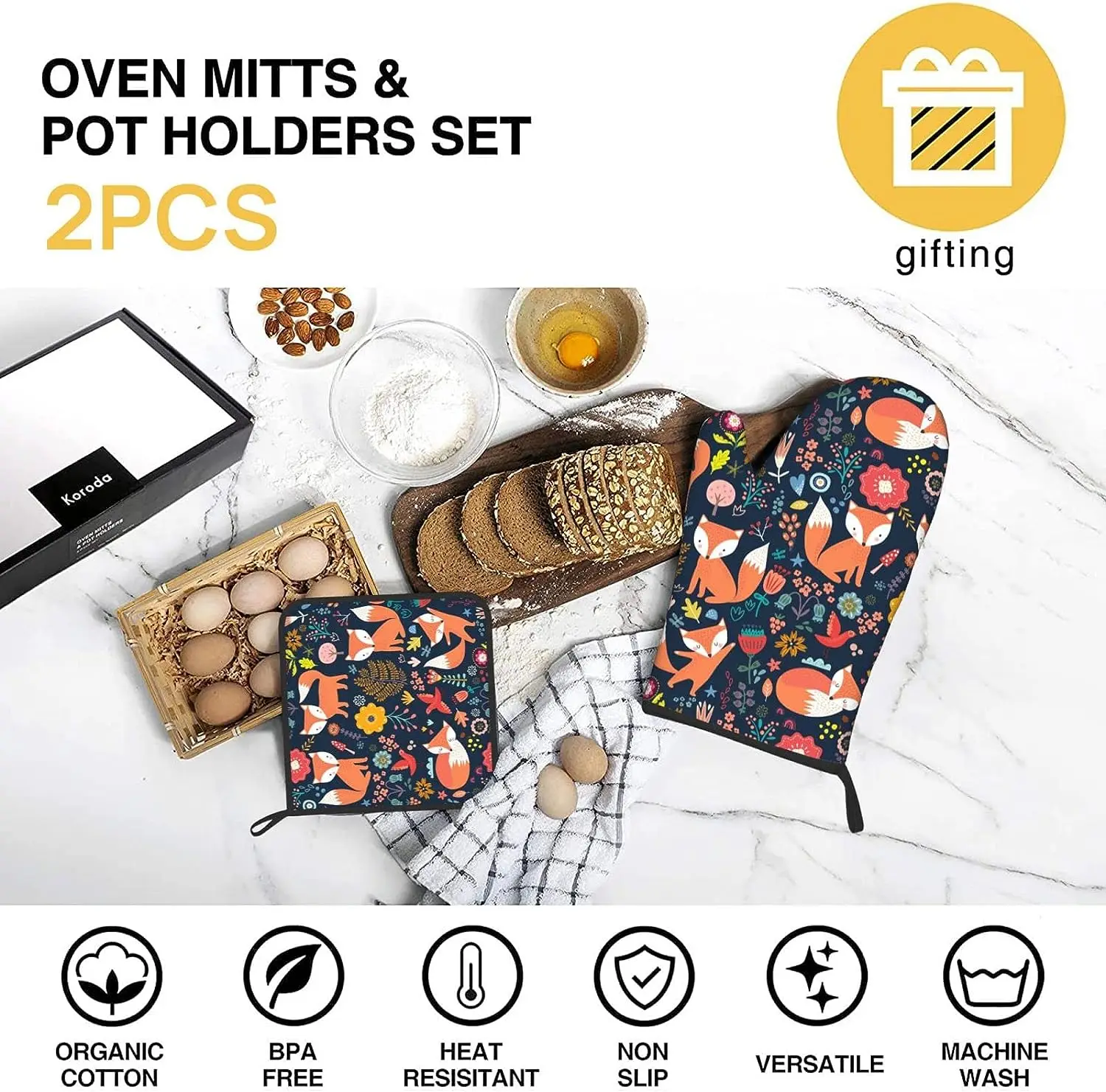 Fuchs ofenhandschuhe und topflappen-sets,  of 2 hitzebeständige, rutschfeste ofenhandschuhe und topflappen zum kochen, backen, grillen und bbq